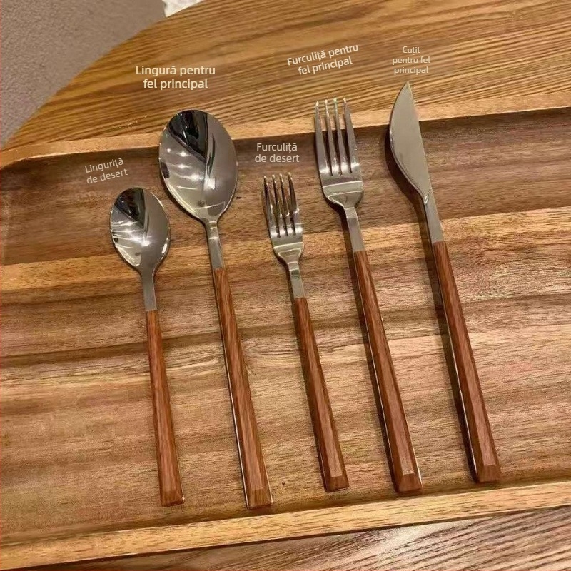 Set tacâmuri pentru steak din oțel inox 410 – cuțit, furculiță și lingură de desert, mâner lung, stil franțuzesc