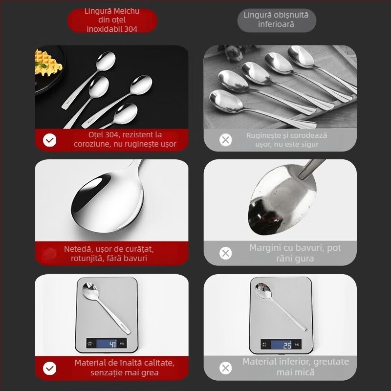 Set de 4 linguri din oțel inoxidabil 304, groase, cu bază rotundă