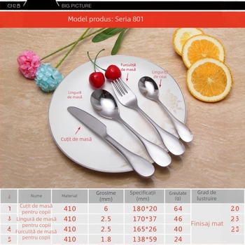 Set de tacâmuri pentru copii: cuțit, furculiță și linguri din oțel inox, lingură de desert, lingură pentru înghețată și linguri mici de uz casnic