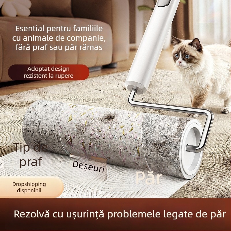 Rulou de scame cu mâner lung și tambur înlocuibil pentru păr de pisică pe haine, pat și podea