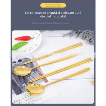 Set tacâmuri din oțel inoxidabil placat cu titan, culoare aurie, stil coreean: bețișoare și lingură