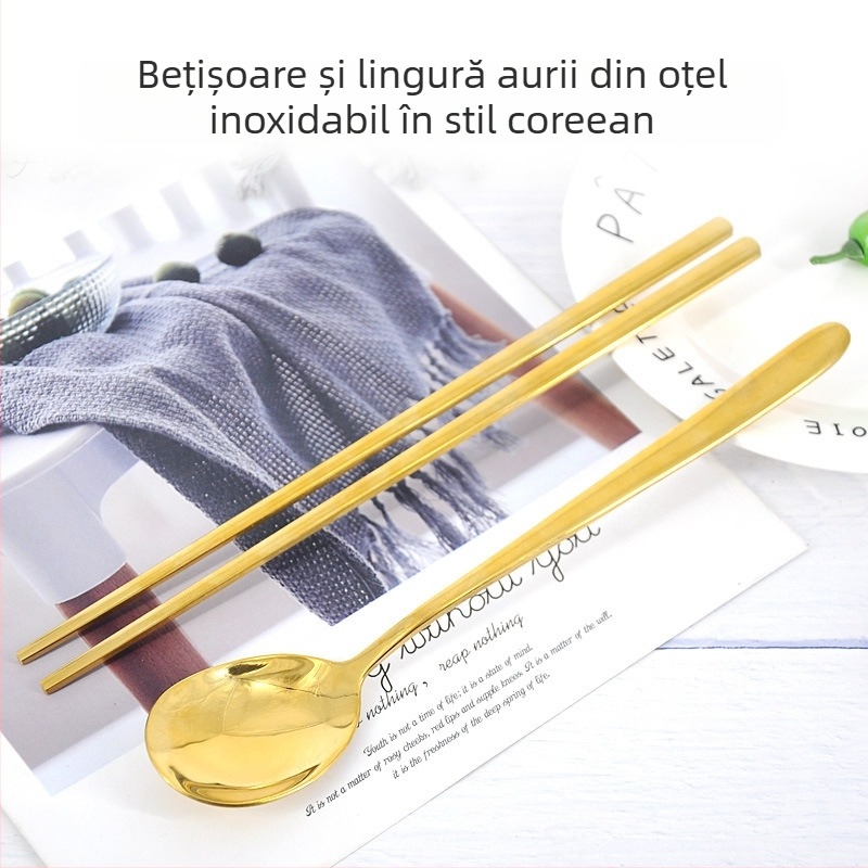 Set tacâmuri din oțel inoxidabil placat cu titan, culoare aurie, stil coreean: bețișoare și lingură