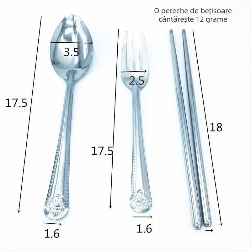 Set din oțel inoxidabil pentru copii, 3 piese: lingură, furculiță și bețișoare, model cu flori, stil modern minimalist
