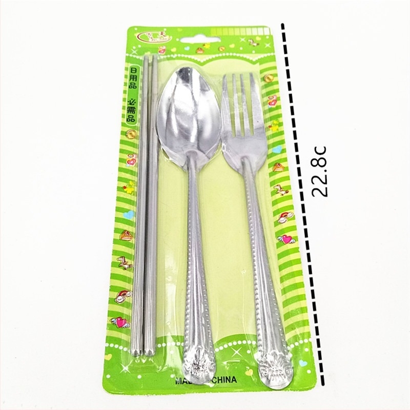 Set din oțel inoxidabil pentru copii, 3 piese: lingură, furculiță și bețișoare, model cu flori, stil modern minimalist