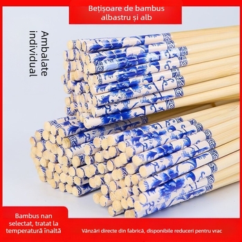 Bețișoare de unică folosință din bambus, cu design de porțelan albastru și alb, ambalate individual, lungime 5,5 inchi, îngroșate, pentru uz casnic de înaltă calitate