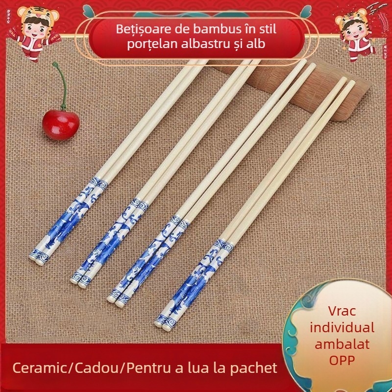 Bețișoare de unică folosință din bambus, cu design de porțelan albastru și alb, ambalate individual, lungime 5,5 inchi, îngroșate, pentru uz casnic de înaltă calitate
