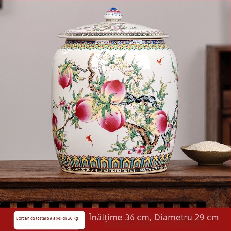 Recipient ceramic pentru depozitare orez cu capac etanș, anti-umezeală și împotriva dăunătorilor, capacitate 12,5 kg