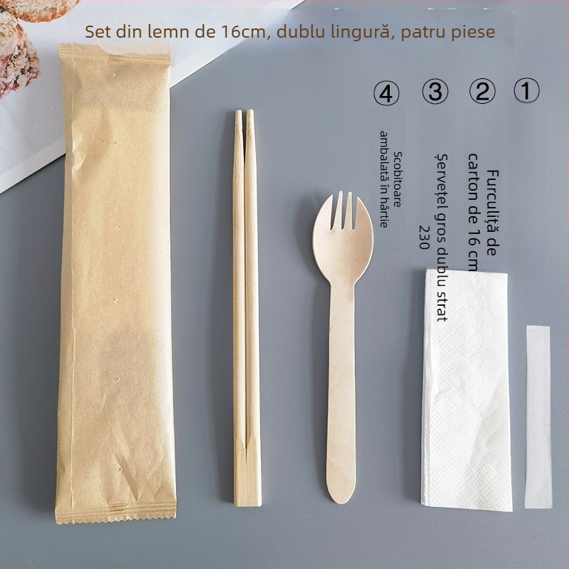 Bețișoare de unică folosință din bambus, lingură și furculiță din lemn, set de patru piese, tacâmuri ecologice pentru livrare în pungă cu șervețel de hârtie, 2‑în‑1 sau 3‑în‑1