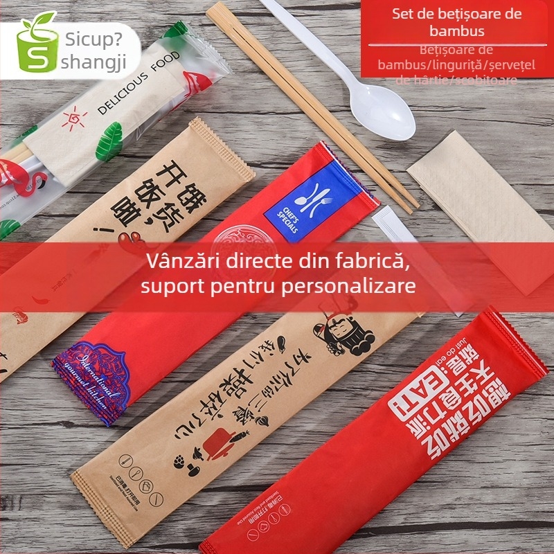 Set personalizat de bețișoare de unică folosință din bambus, ambalaj Kraft, set de patru bucăți