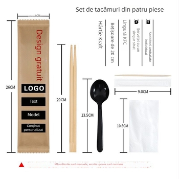Set de tacâmuri de unică folosință: bețișoare, lingură, furculiță și cuțit, cu logo personalizat