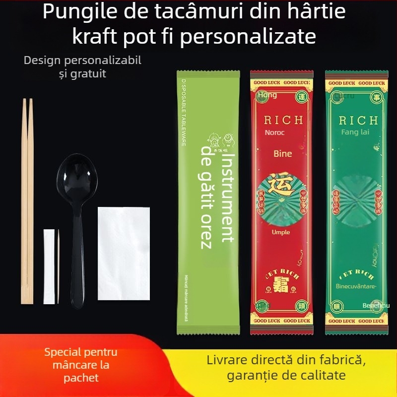 Set de tacâmuri de unică folosință: bețișoare, lingură, furculiță și cuțit, cu logo personalizat