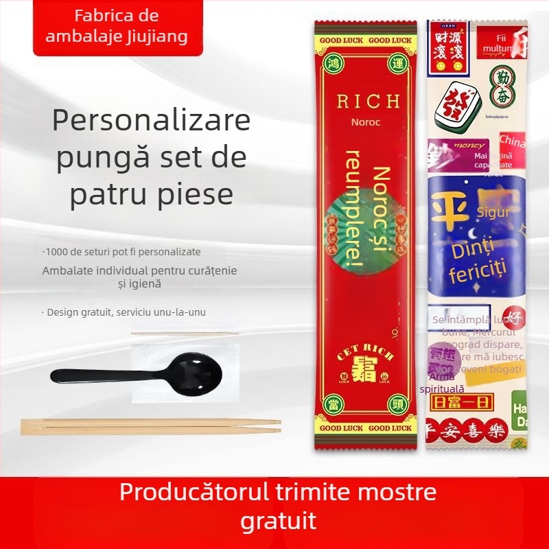 Set de tacâmuri de unică folosință: bețișoare, lingură, furculiță și cuțit, cu logo personalizat