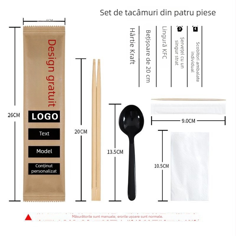 Set de tacâmuri de unică folosință: bețișoare, lingură, furculiță și cuțit, cu logo personalizat