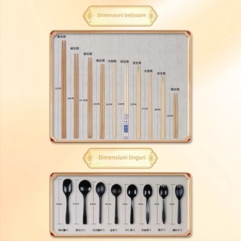Set premium de tacâmuri în cutie: bețișoare de unică folosință biodegradabile, lingură, furculiță și cuțit, patru piese într-un pachet