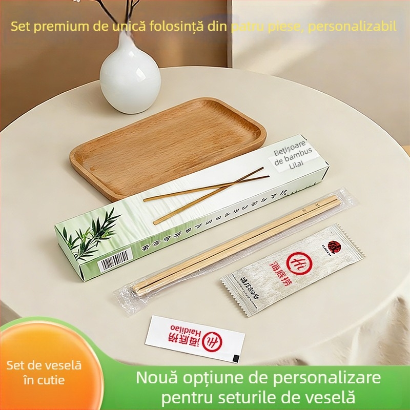 Set premium de tacâmuri în cutie: bețișoare de unică folosință biodegradabile, lingură, furculiță și cuțit, patru piese într-un pachet