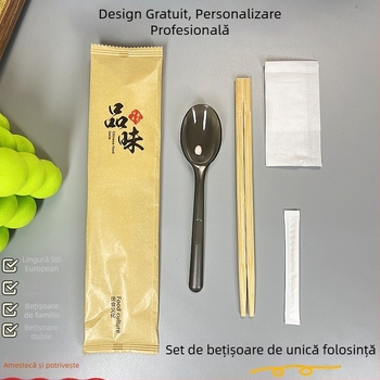 Set de tacâmuri de unică folosință, patru piese: lingură, bețișoare pentru mâncare, scobitoare și șervețet de hârtie