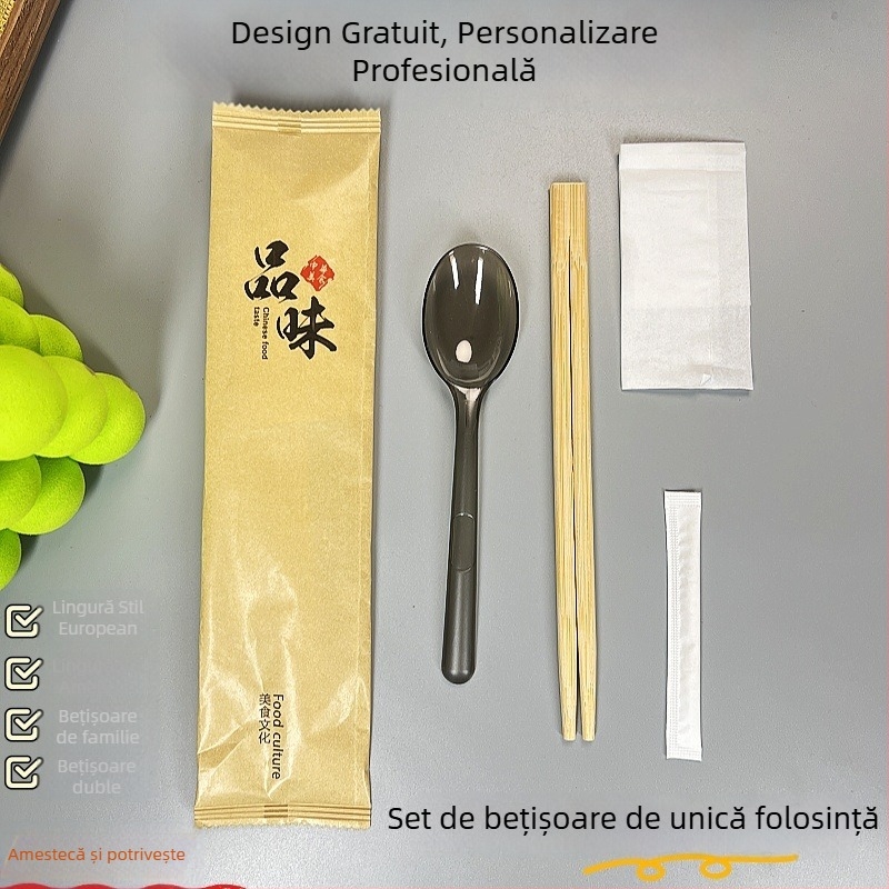 Set de tacâmuri de unică folosință, patru piese: lingură, bețișoare pentru mâncare, scobitoare și șervețet de hârtie