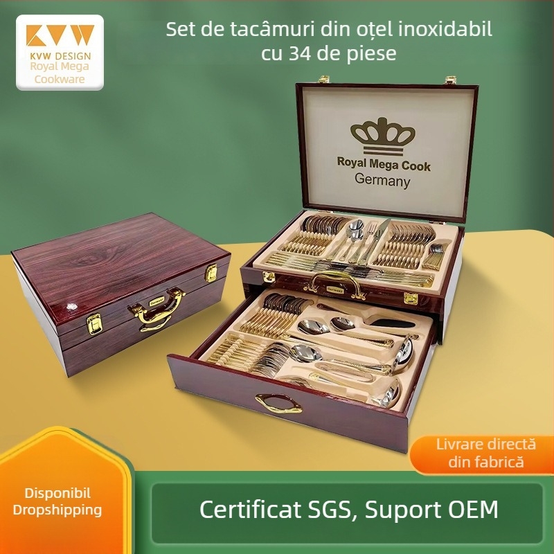 Set de tacâmuri occidentale din oțel inoxidabil, 84 de piese, cuțite, furci și linguri, pentru hoteluri