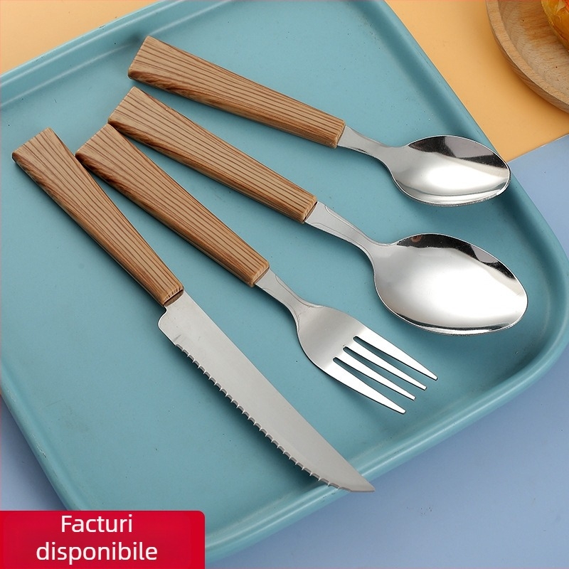 Set din oțel inoxidabil: cuțit pentru steak, furculiță și două linguri cu mânere pătrate, imitatie lemn