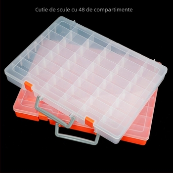 Cutie de depozitare din plastic PP cu capac, 48 compartimente; organizator compact și portabil pentru piese (36,5 × 28,7 × 4,5 cm)