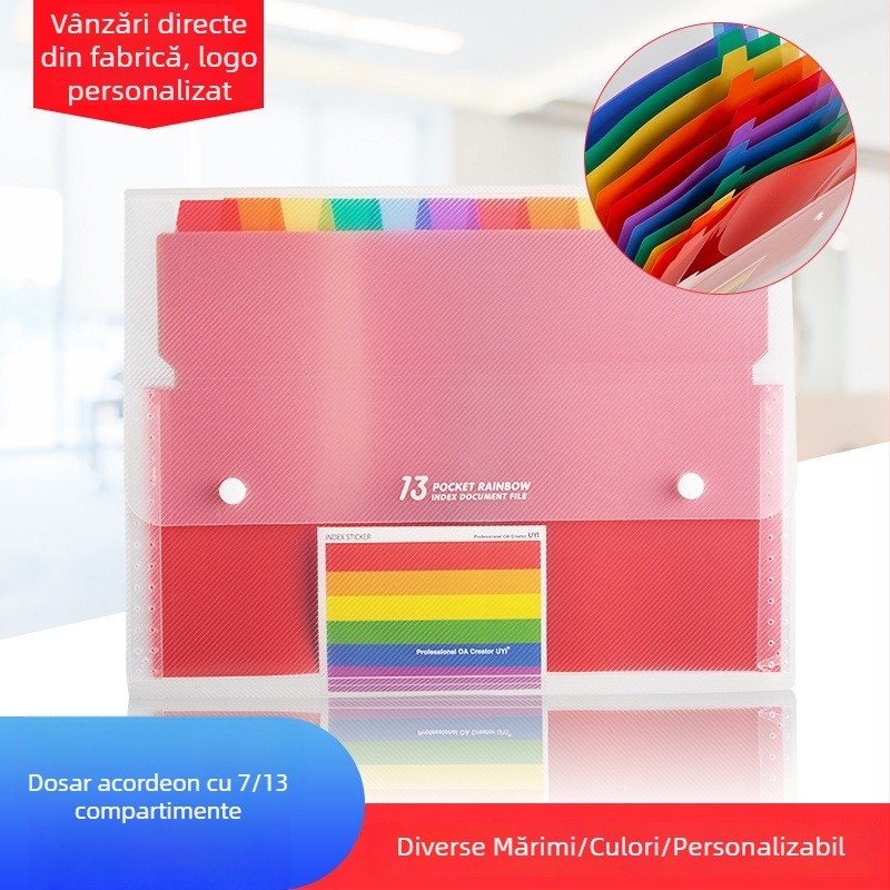 Dosar acordeon cu nasture, format A4, 13 compartimente, inserții colorate, organizator de documente cu mai multe niveluri