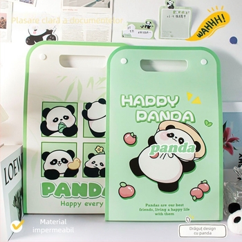 Geantă Panda verde, dosar acordeon pentru documente, design drăguț, organizator portabil, impermeabil, A4, cu mai multe compartimente