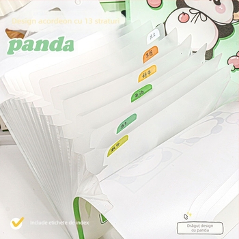 Geantă Panda verde, dosar acordeon pentru documente, design drăguț, organizator portabil, impermeabil, A4, cu mai multe compartimente