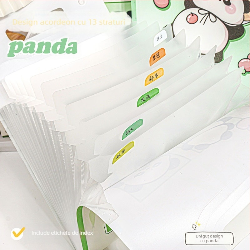 Geantă Panda verde, dosar acordeon pentru documente, design drăguț, organizator portabil, impermeabil, A4, cu mai multe compartimente