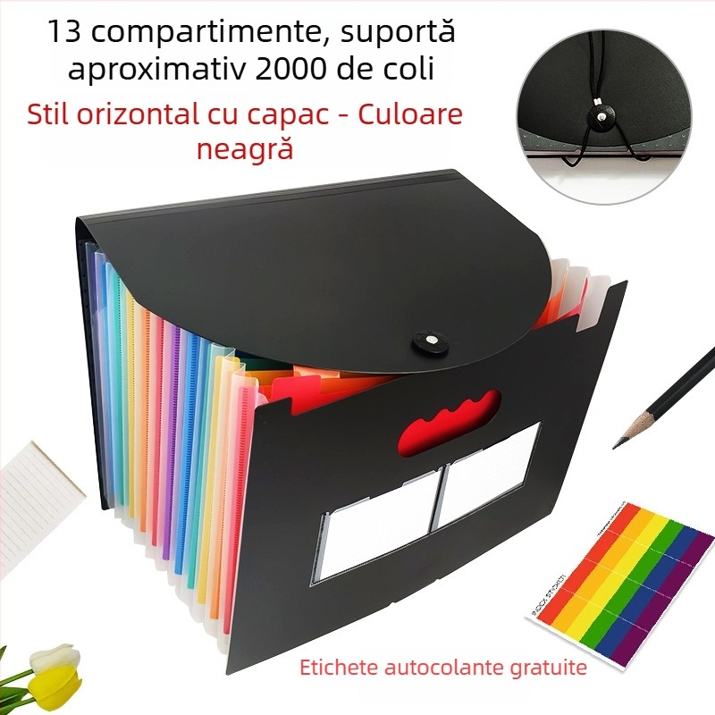 Mapă A4 din plastic, 13 compartimente, sigilare pe trei laturi, capac rabatabil cu șnur