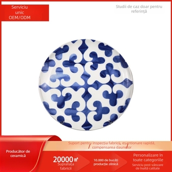 Farfurie rotundă din porțelan albastru-alb cu model floral, cu logo personalizat, pentru hoteluri și restaurante