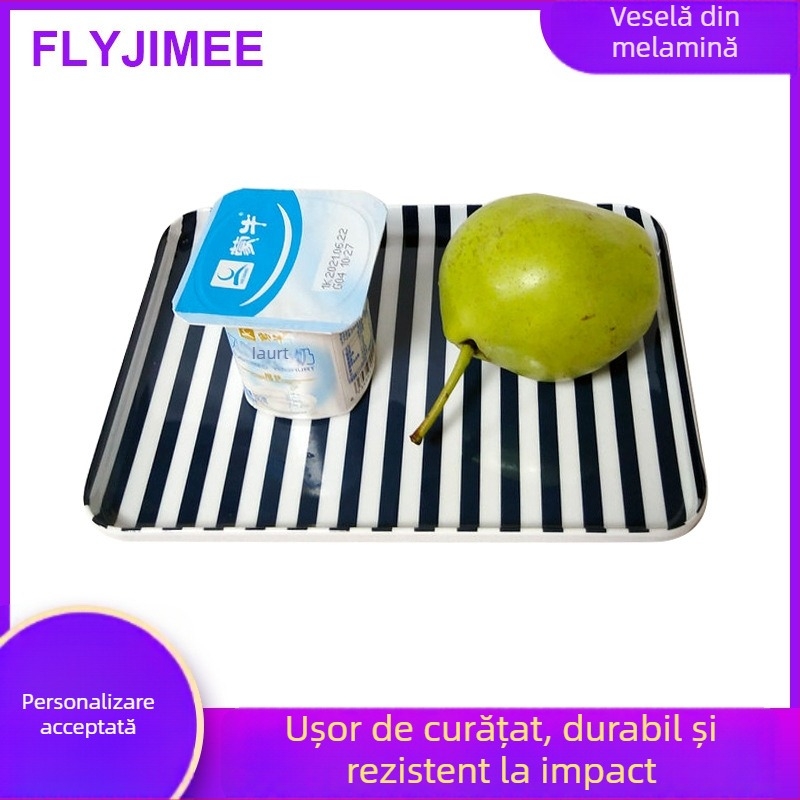 Tavă de servire din melamină, cu aspect porțelan, pătrată, 8 inchi, pentru pâine, prăjituri și deserturi, stil modern minimalist, cu model dungi