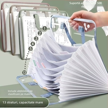 Mapă acordeon transparentă pentru fișiere, 13 compartimente, pentru elevi, 325 × 263 mm