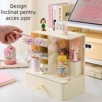 Cutie de depozitare pentru birou, transparentă, cu compartimente despărțitoare, suport pentru pixuri și vitrină pentru figurine – soluție multifuncțională pentru birou