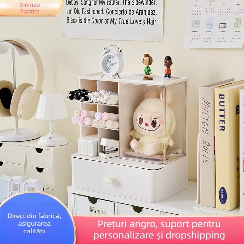 Cutie de depozitare pentru birou, transparentă, cu compartimente despărțitoare, suport pentru pixuri și vitrină pentru figurine – soluție multifuncțională pentru birou