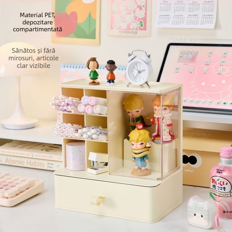 Cutie de depozitare pentru birou, transparentă, cu compartimente despărțitoare, suport pentru pixuri și vitrină pentru figurine – soluție multifuncțională pentru birou