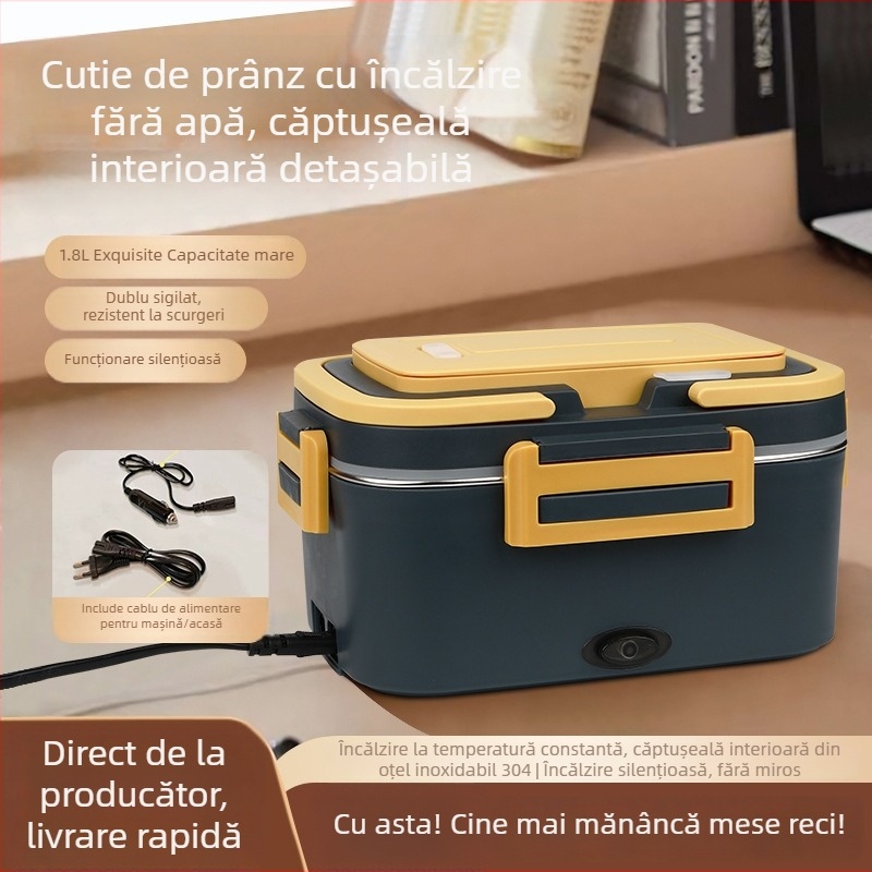 Cutie electrică pentru prânz de mașină cu izolație dublă, liner detașabil, recipient din oțel inoxidabil 304, capacitate 1,6–2,0 L, cutie de prânz portabilă cu încălzire