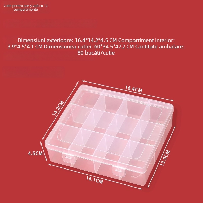 Cutie plastică de depozitare cu capac și 9 sau 12 compartimente, pentru cusut, mărgele, bijuterii și mici piese metalice