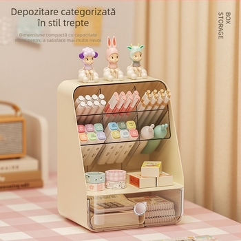 Organizator de birou cu compartiment înclinat și sertar, pentru cosmetică și rechizite, suport pentru pixuri.