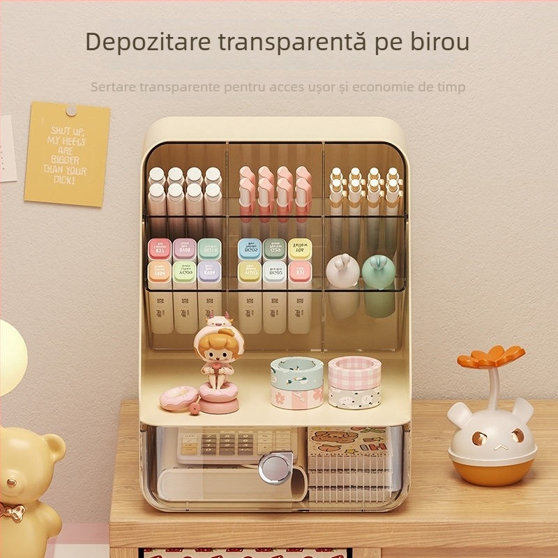 Organizator de birou cu compartiment înclinat și sertar, pentru cosmetică și rechizite, suport pentru pixuri.
