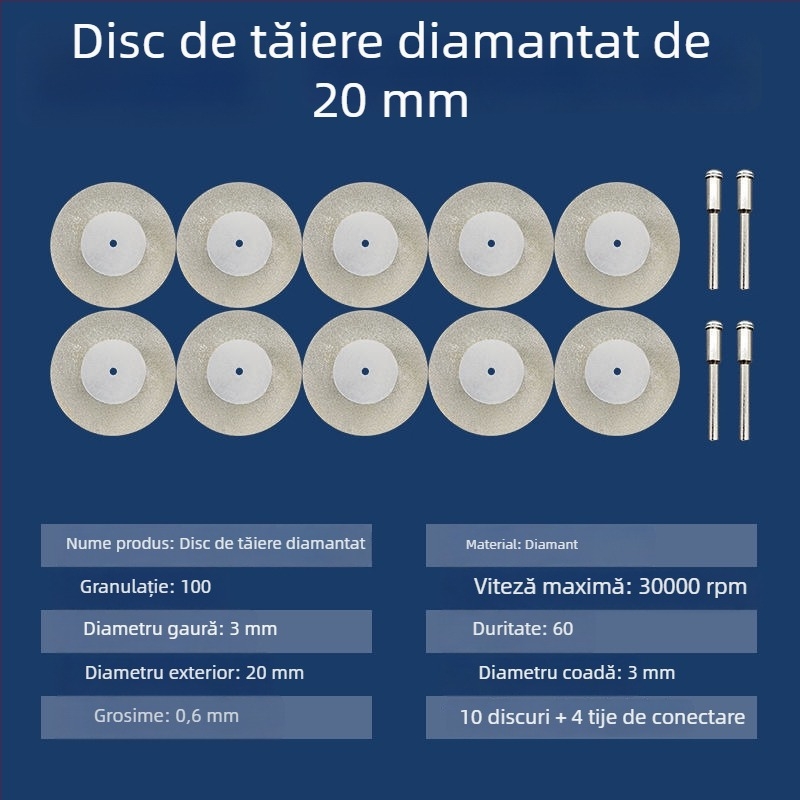Discuri diamantate și accesorii pentru șlefuitorul unghiular electric – mini discuri de tăiere, curățare a rosturilor și lustruire a plăcilor din sticlă și jad