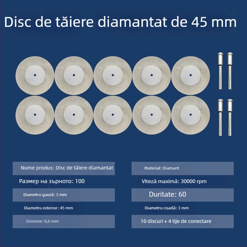 Discuri diamantate și accesorii pentru șlefuitorul unghiular electric – mini discuri de tăiere, curățare a rosturilor și lustruire a plăcilor din sticlă și jad