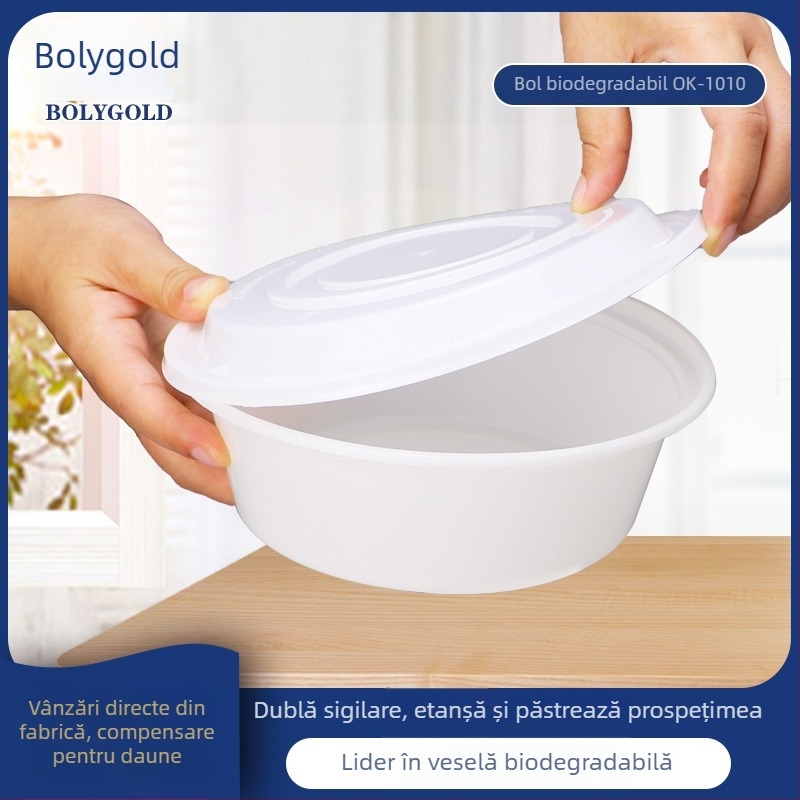 Poly Gold cutie de prânz biodegradabilă, 1010 ml, cu capac, recipient circular din plastic