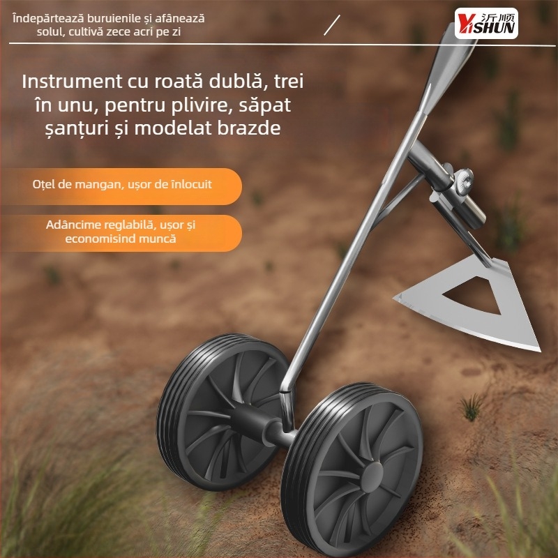 Model nou trei în unu — unealtă multifuncțională cu două roți, asistență de putere pentru îndepărtarea buruienilor și afânarea solului, săpături în șanțuri, curățare teren, plug triunghiular