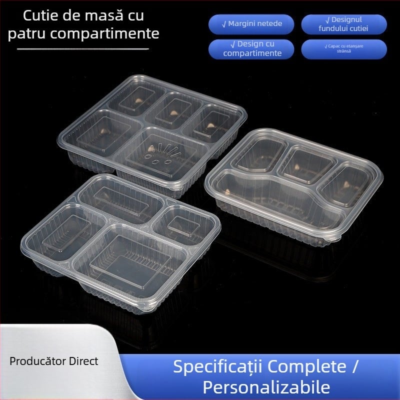 Cutie de prânz cu mai multe compartimente, de unică folosință, transparentă, compatibilă cu microundele