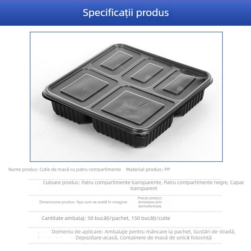 Cutie de prânz cu mai multe compartimente, de unică folosință, transparentă, compatibilă cu microundele