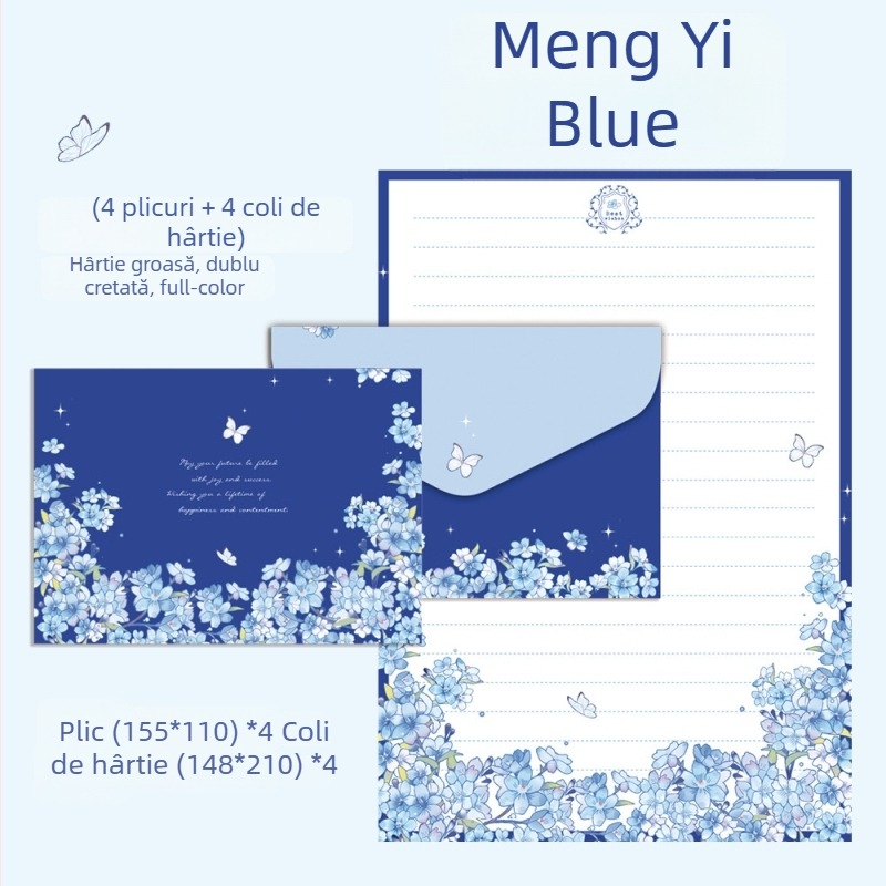 Dream Yi Blue set de hârtie pentru scrisori cu plicuri – 4 plicuri și 4 foi de scrisoare