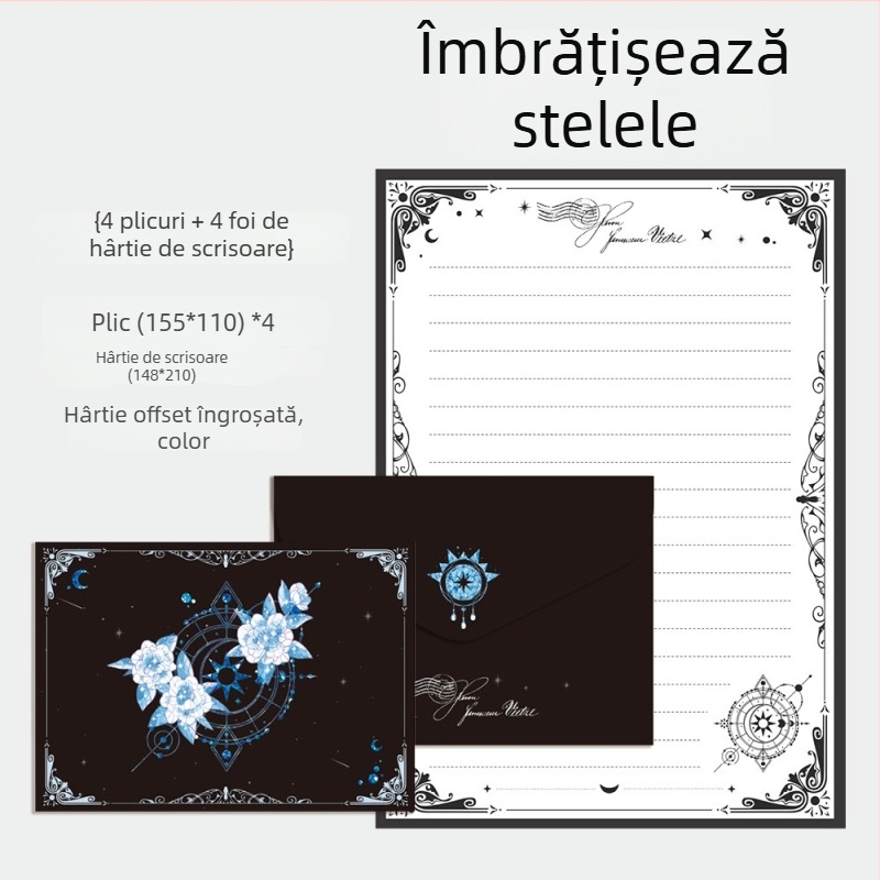 Set de plicuri și hârtie pentru corespondență, 4 plicuri și 4 coli, hârtie offset dublă, stil chinezesc, fără logo