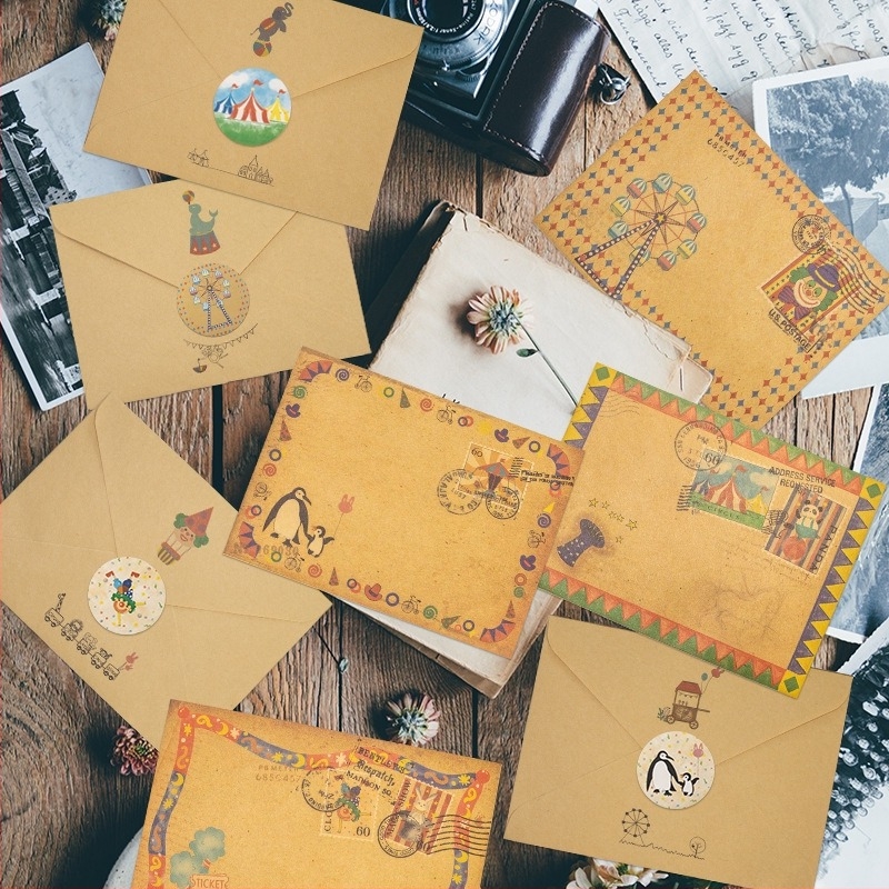 Set anteturi și plicuri din seria Circul — hârtie kraft, stil retro desene animate