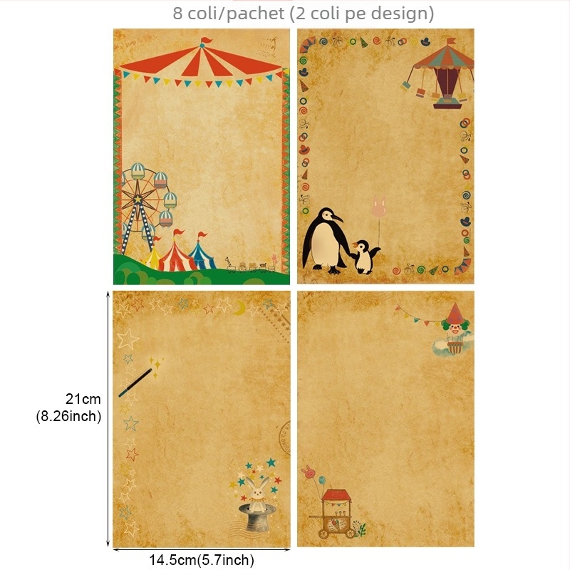Set anteturi și plicuri din seria Circul — hârtie kraft, stil retro desene animate
