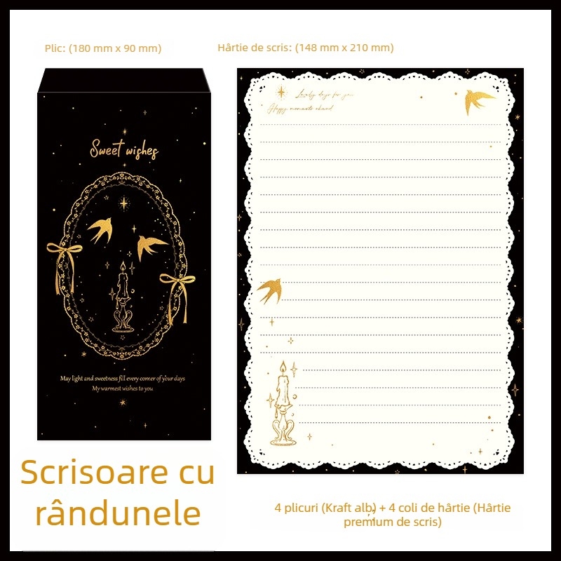 Set de hârtie pentru scris cu 4 plicuri și 4 coli, pentru scris de mână, confesiuni romantice și binecuvântări